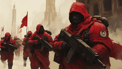 Scarlet masked legion marches through the war-torn fogscape.