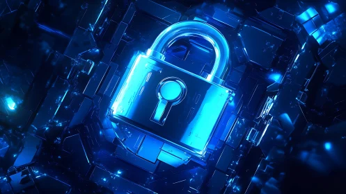 Soft blue cyber lock glowing in a digital city of glass.