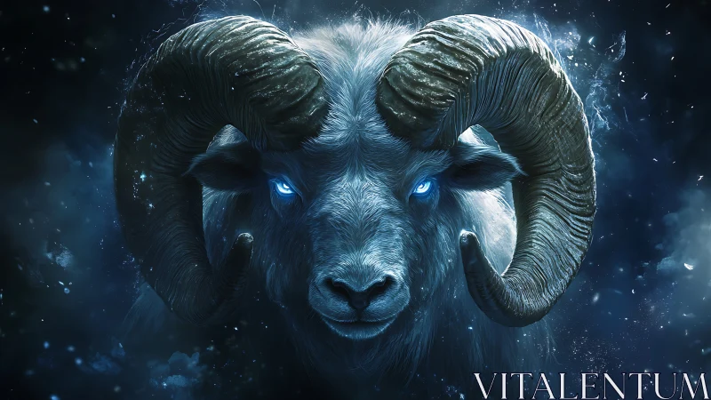 Mystic horned ram with glowing blue eyes in starlit storm.