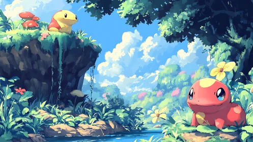 Gentle lizard friends share a sunny day in a bright forest