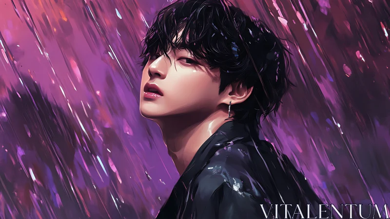 Young man in stylized rain with vivid purple motion streaks