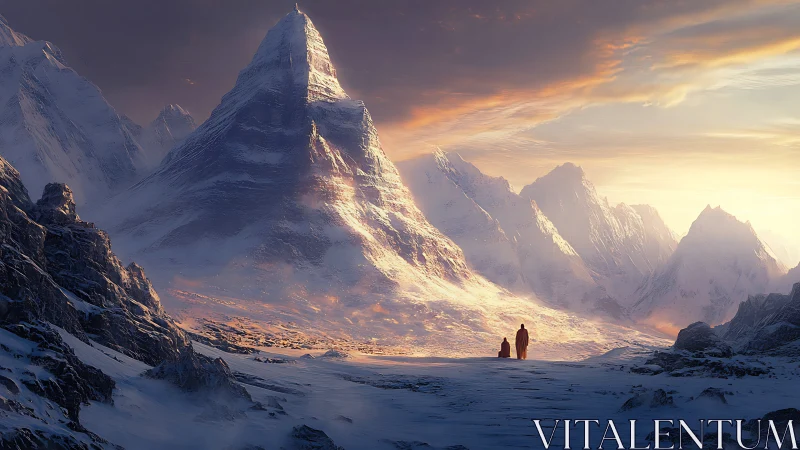 Pilgrims beneath a dawn-lit titan of winter mountains.