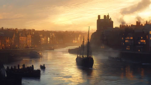 Harbor town river at dusk with moored sailing vessels.