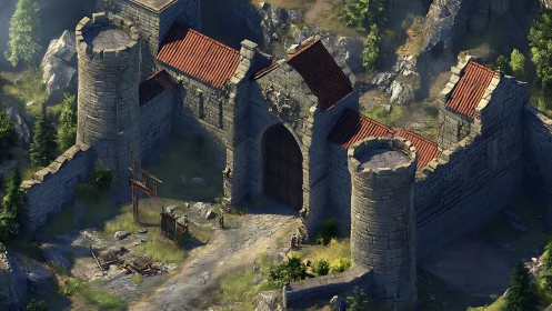 Stone fortress gate with red roofs in rocky landscape.