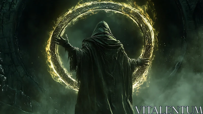 Hooded robed figure before luminous circular portal.