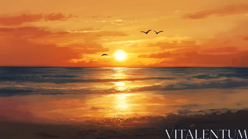 Golden seaside sunset with gentle waves and soaring birds.