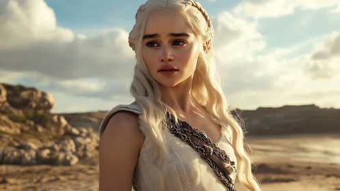 Silver-haired warrior stands on windlit coastal dunes.