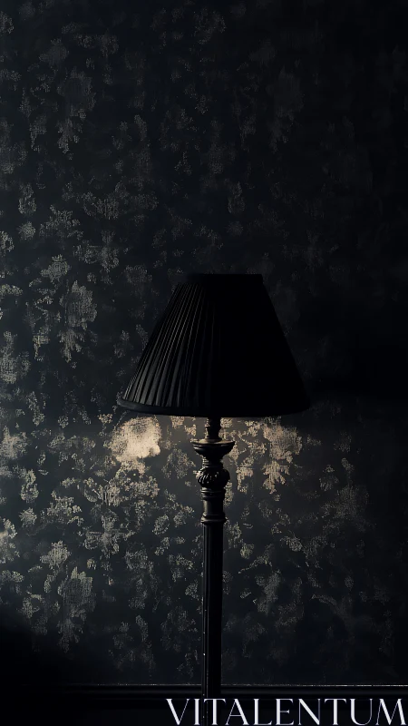 Black floor lamp stands against dark textured wall surface