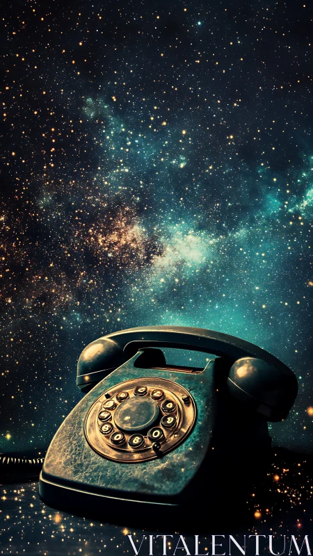 Rotary telephone placed before dense starfield backdrop.