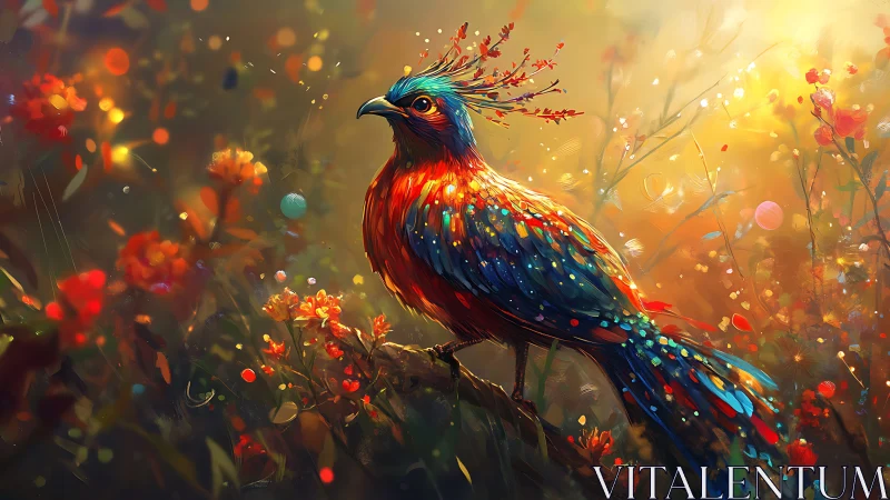Vibrant fantasy bird perched on branch in glowing digital art.