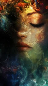 Female face merged with swirling abstract light patterns