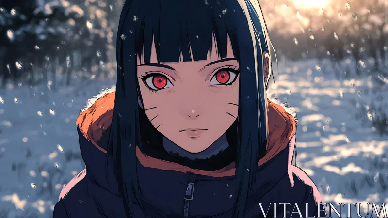 Red-eyed anime girl stands in snowy outdoor environment