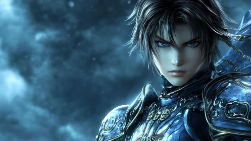 Ice-lit anime warrior in ornate blue plate armor close-up portrait