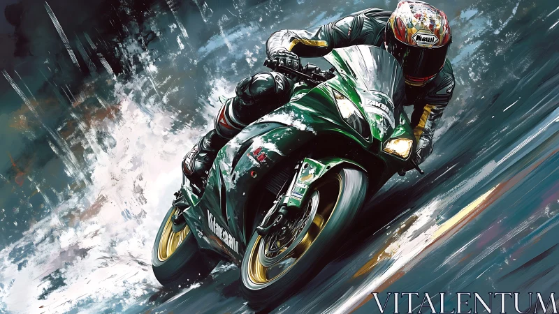Motorcycle rider negotiates wet corner in stylized artwork