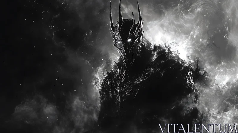 Dark armored demon lord in swirling smoke and flame.