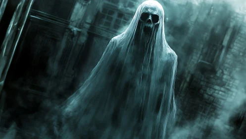 Shrouded skeletal ghost figure in misty ruined alleyway.