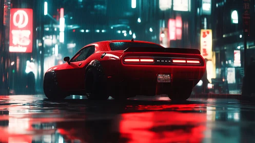 Red sports car is parked on wet neon street at night