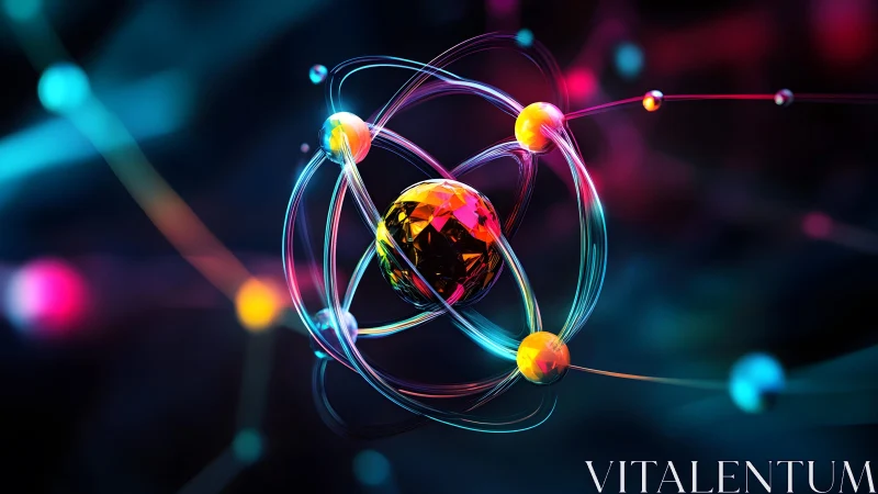 Vibrant digital illustration of an atom with glowing particles.