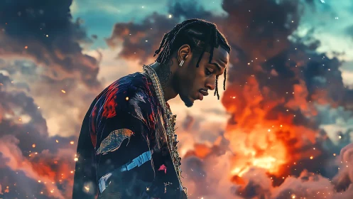 Pensive rapper stands against fiery cosmic cloudscape.