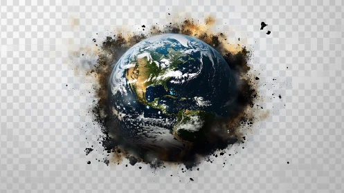 Planet Earth with dispersing particle halo on grid background.