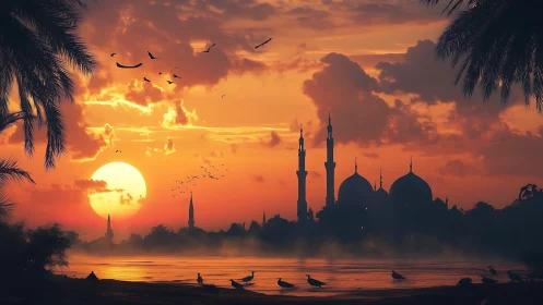 Crimson dusk over riverside mosque and drifting silhouettes.