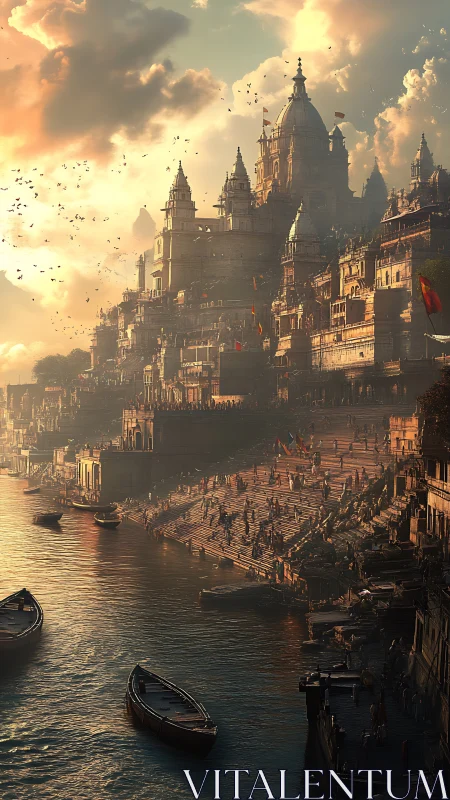 Sunlit riverfront citadel with terraced ghats and domes.