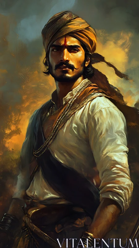 Warrior stands against burning sky in dramatic portrait