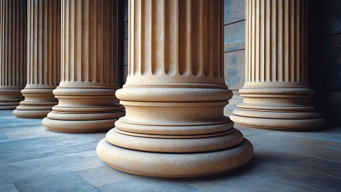 Photorealistic fluted stone columns in classical colonnade perspective.
