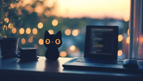 Cozy coding desk with glowing cat lamp at soft sunset.