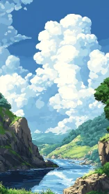 Quiet river valley under storybook summer clouds.