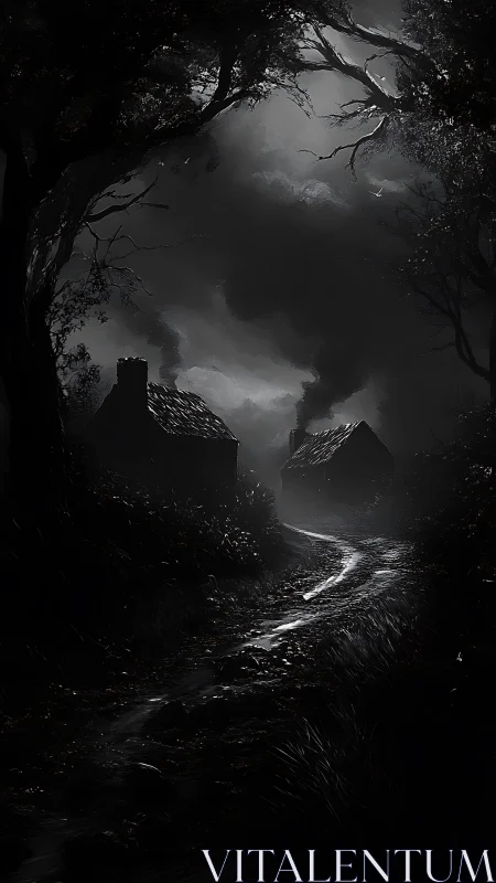 Dark forest path leading toward two distant cottages.