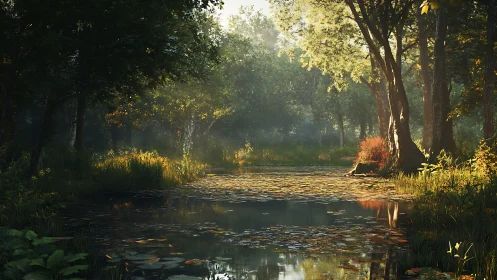 Luminous Forest Waterway: Dappled Light Through Mature Deciduous Canopy