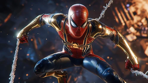 Armored web-slinger rockets through a neon-scorched skyline.