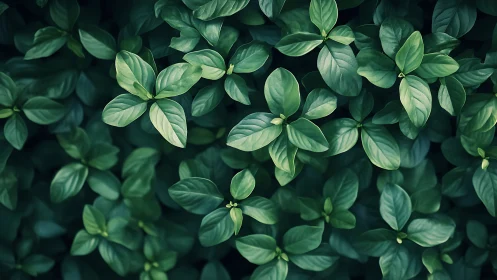 Dense cluster of glossy green leaves in soft light.