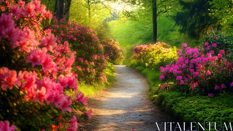 Sunlit garden path lined with pink flowering shrubs.