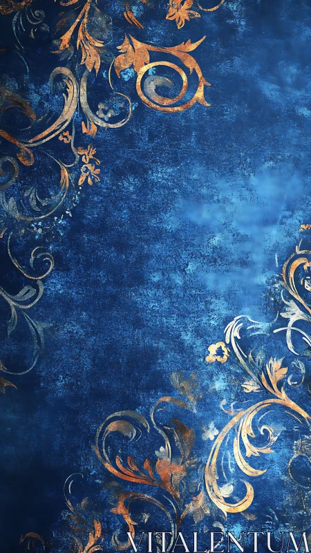 Floral gold flourishes glow over distressed indigo backdrop