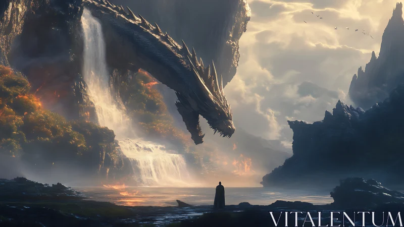 Colossal dragon confronts lone figure amid cascading falls
