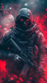 Mysterious hooded warrior glowing through red battle haze.