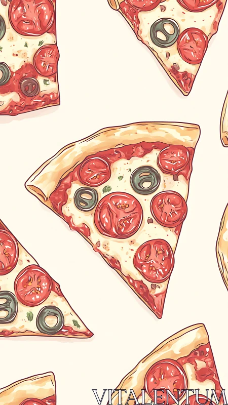 Seamless vector pattern of pepperoni pizza slices with olives