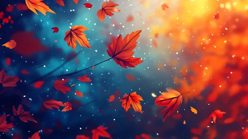 Autumn maple leaves in dynamic bokeh field with warm backlight