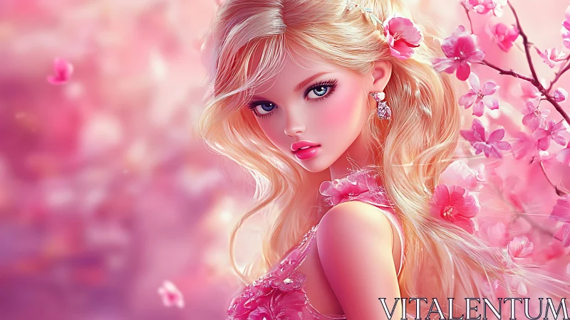 Blonde doll like girl gazes amid luminous pink blossoms
