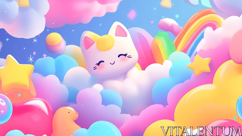 Dreamy unicorn kitty floating in candy colored clouds.