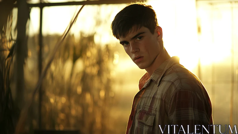 Moody young man in sunset backlight portrait scene.