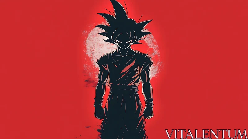 Silhouetted anime warrior stands defiant before red moon