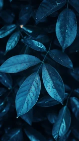 Blue toned leaves with water droplets under low key light