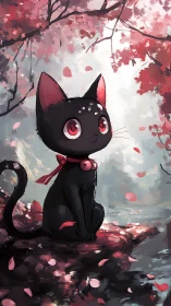 Black kitten under pink blossoms in painterly fantasy forest.