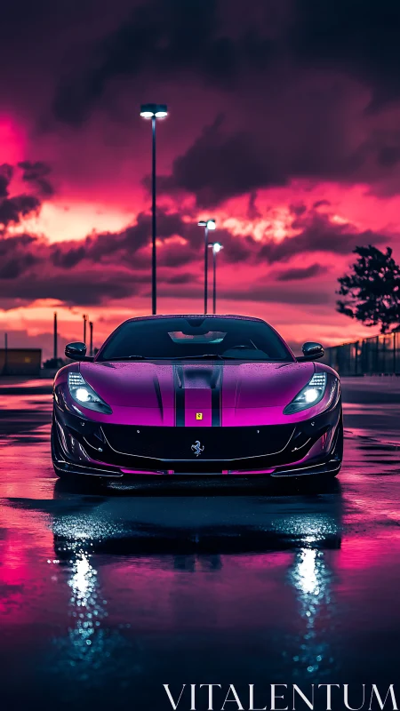 Photorealistic supercar portrait under neon storm sky.