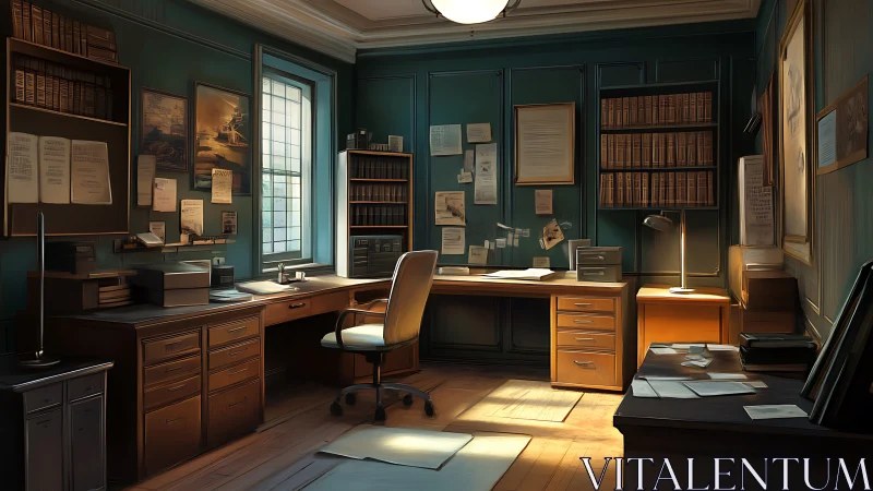 Historic legal office glows under warm evening desk lamps.