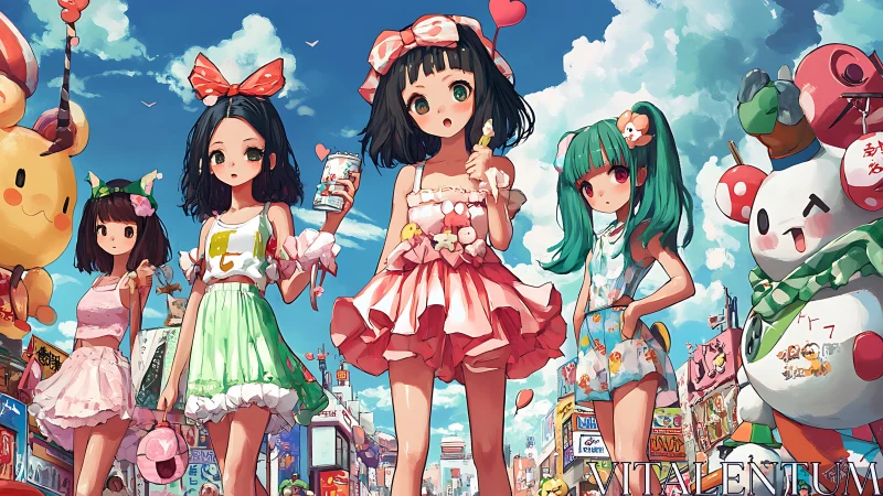 Anime girls in colorful street scene with character balloons.