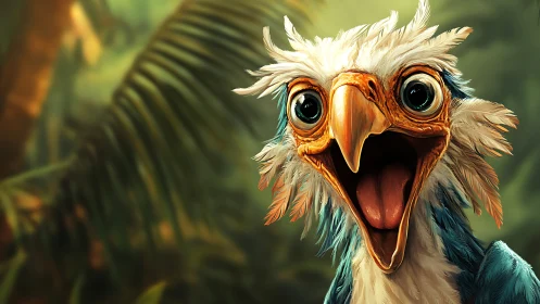 Excited Cartoon Bird with Big Eyes in Lush Jungle Setting.